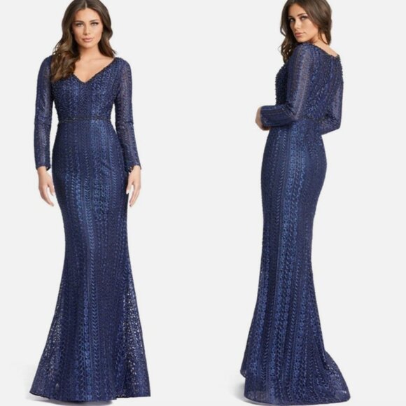 MAC DUGGAL 20271 EMBROIDERED LONG SLEEVE V-NECK TRUMPET MIDNIGHT NAVY GOWN sz 20 - Picture 1 of 3